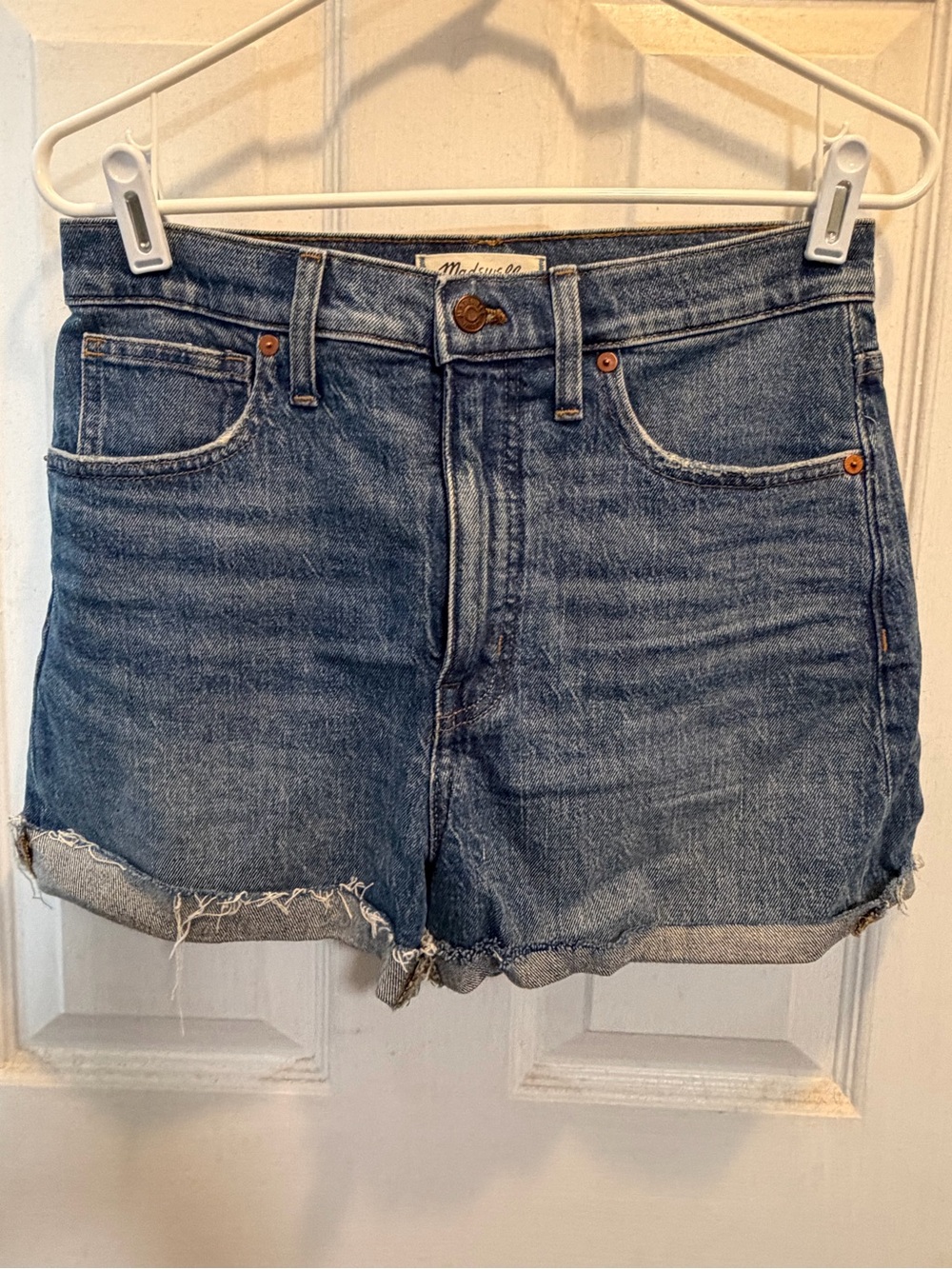 Madewell Mid Wash High-Rise Frayed Hem Denim Shorts - Blue
